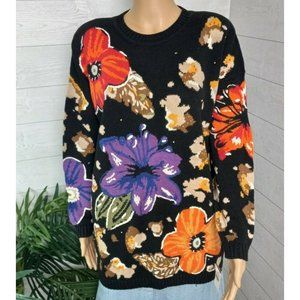 Chaus Sport Womens Large Black Tropical Floral Heavy Knit Sweater Padded NWT